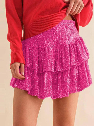 High Waist Sequined Pleated Skirt Women's Clothing Hot Girl Party Short Dress-Rose Red-10