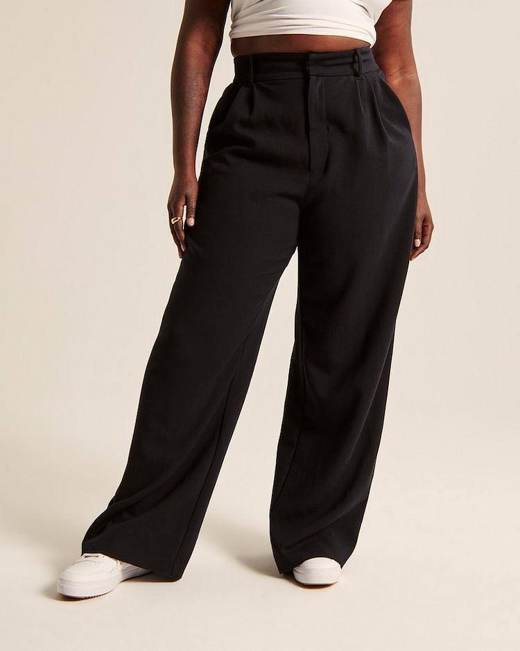 High Waist Straight Trousers With Pockets Wide Leg Casual-Black-6