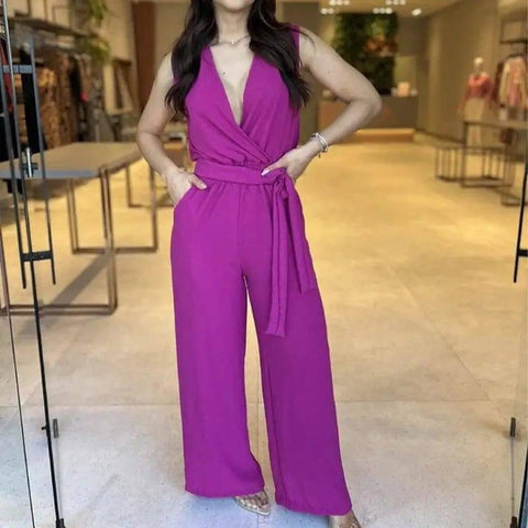 High Waisted Loose Fitting Wide Leg Women's Jumpsuit-Rose Purple-4