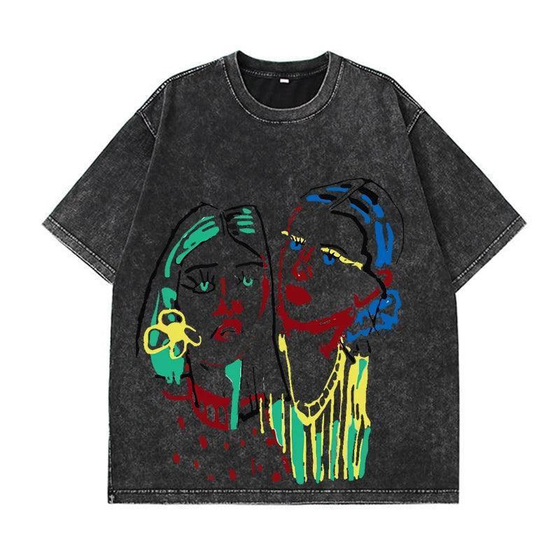 Hirsionsan Acid Washed T Shirt Women Vintage Cotton T-shirts-Black 12-9
