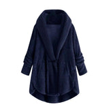 Hooded solid color casual jacket with horn button plush top-Navy-2