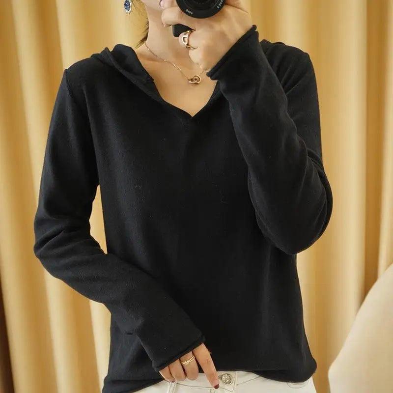 LOVEMI - Knitwear Solid Color V-neck Long-sleeved Hoodie Bottoming