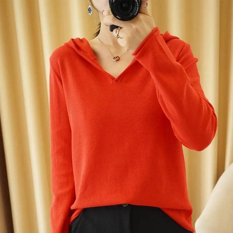 LOVEMI - Knitwear Solid Color V-neck Long-sleeved Hoodie Bottoming