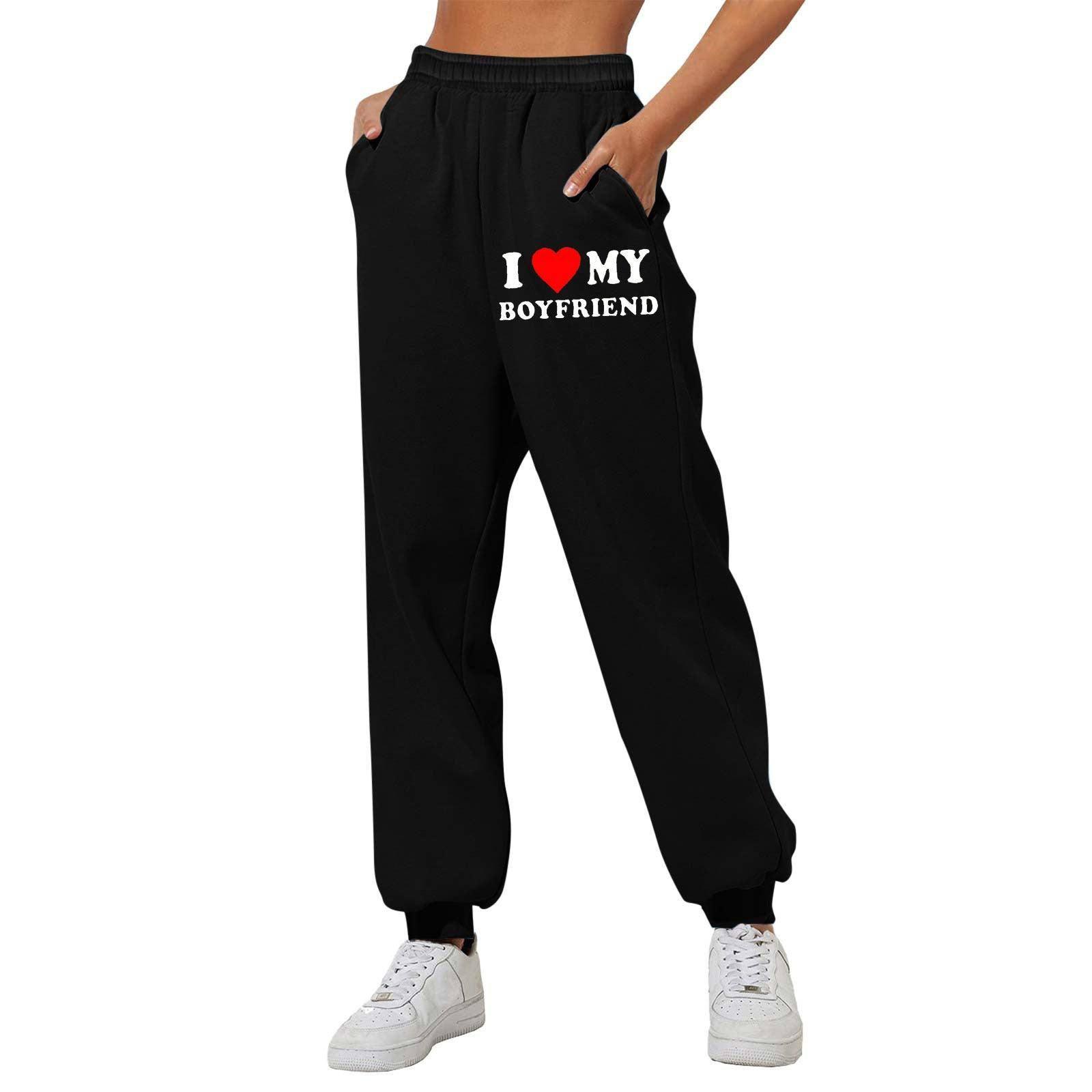 I Love MY BOYFRIEND Printed Trousers Casual Sweatpants Men-Black front print-6