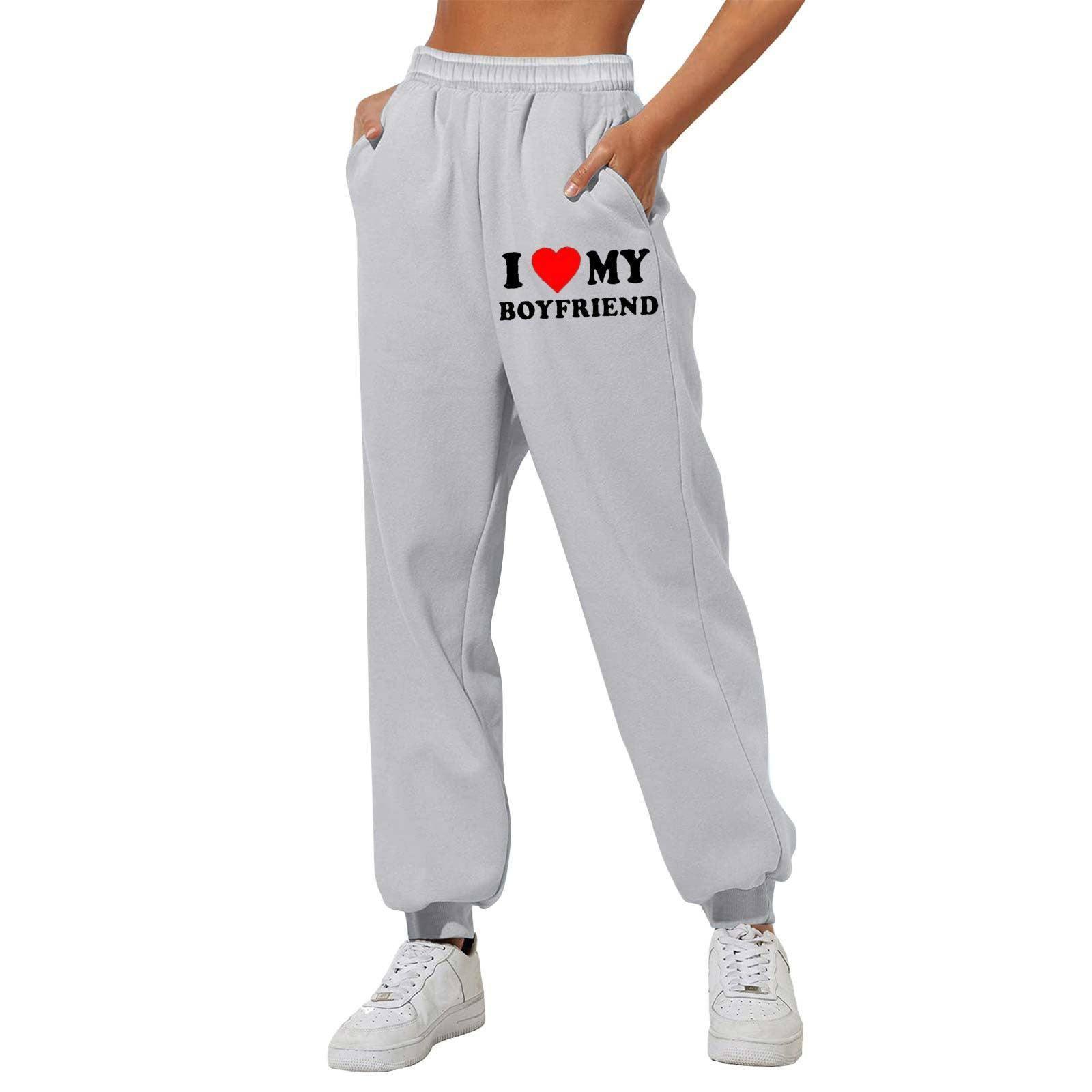 I Love MY BOYFRIEND Printed Trousers Casual Sweatpants Men-Gray front print-7