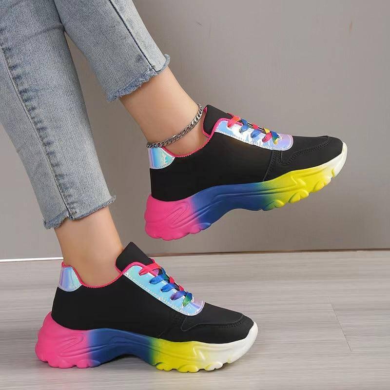 INS Style Rainbow Color Sports Shoes For Women Thick Bottom Lace-up Sneakers Fashion Casual Lightweight Running Walking Shoes-2