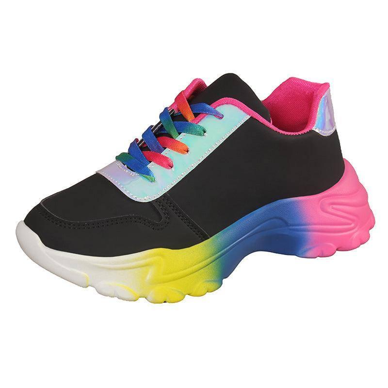 INS Style Rainbow Color Sports Shoes For Women Thick Bottom Lace-up Sneakers Fashion Casual Lightweight Running Walking Shoes-Black-9