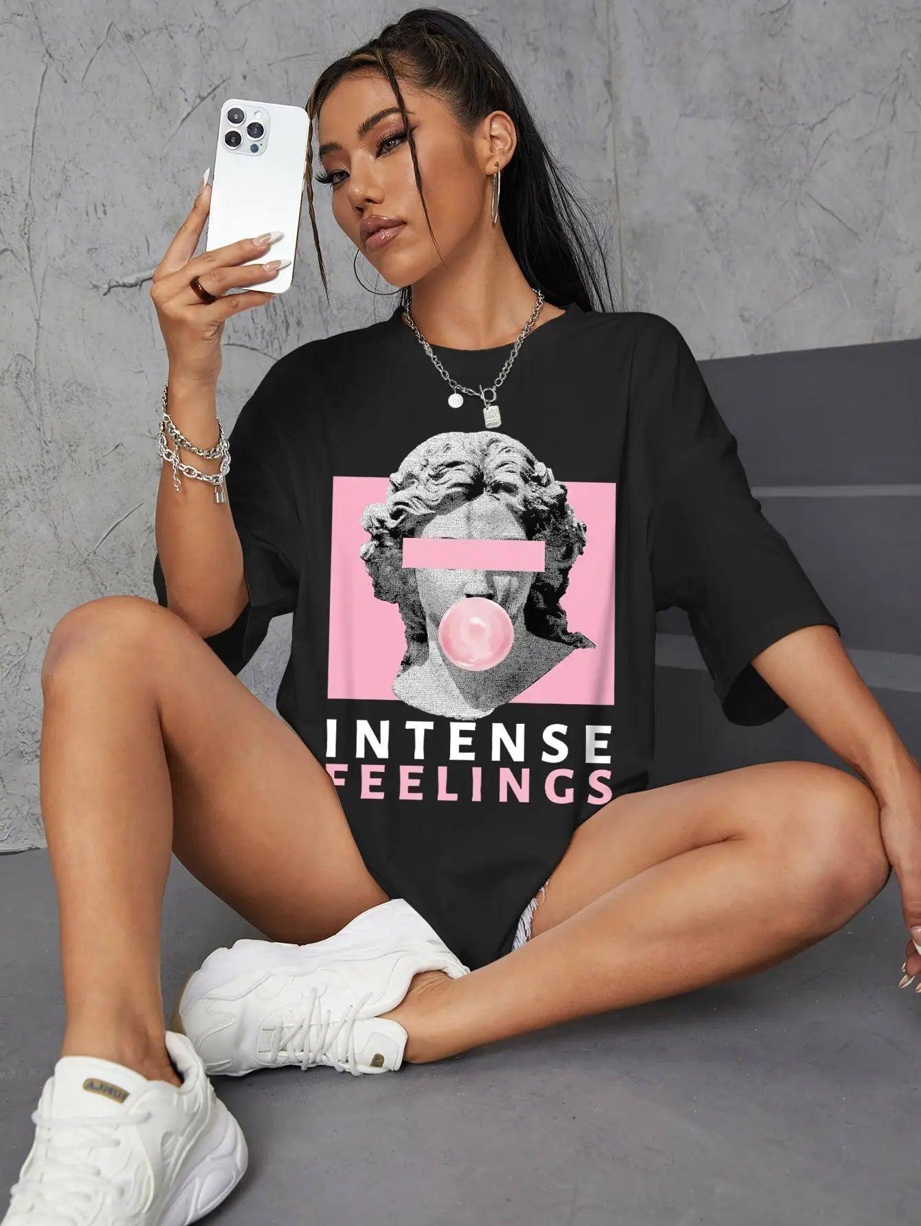 INTENSE FEELINGS Street Hip Hop Female T-Shirts Loose-Black-2