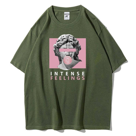 INTENSE FEELINGS Street Hip Hop Female T-Shirts Loose-Dark Green-7