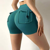 Internet Celebrity Nude Feel Pocket Shorts Yoga Pants-Lake Water Green Color-9