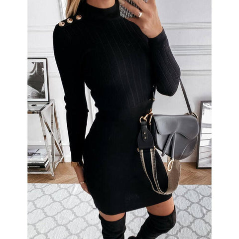 Knit Short Skirt With Hips Women's Long-sleeved Knit Sweater-Black-2