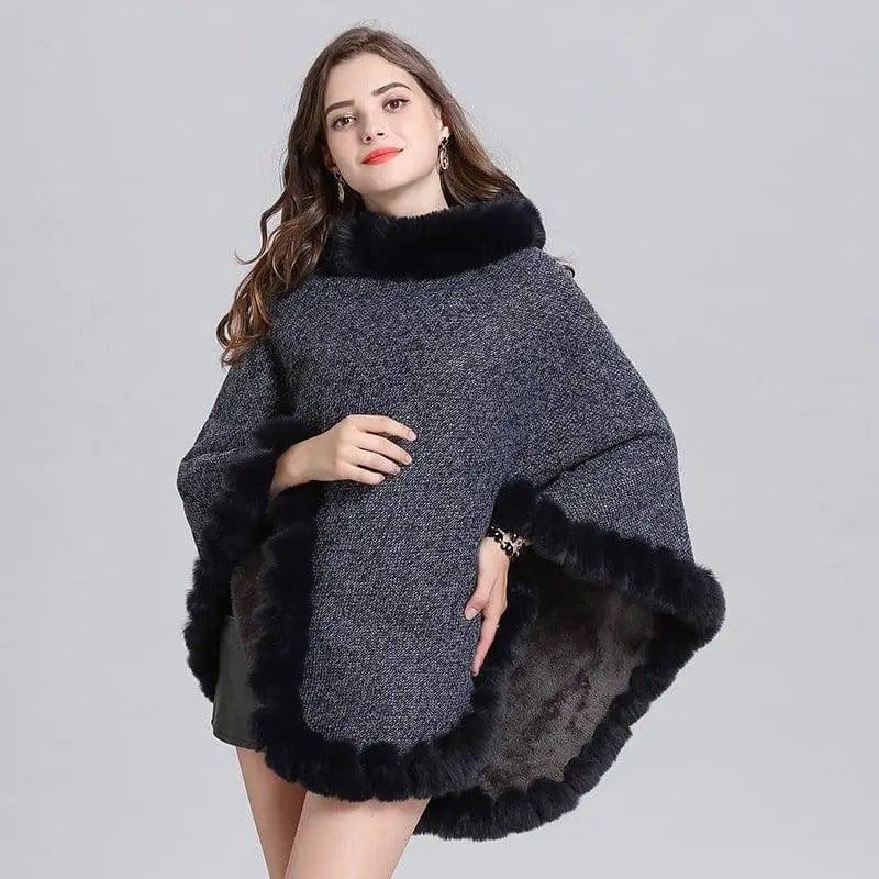 Knit sweater cloak shawl coat women-Navy Blue-3