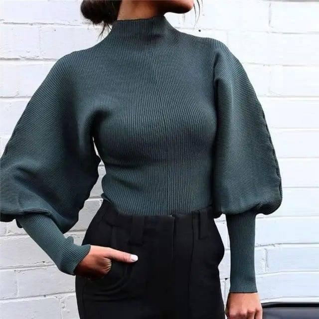 Knitted Pullover Sweaters Lantern Sleeve Black Women Sweater-Green-2