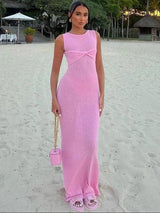 Knitted Ruched Maxi Dress - Sleeveless Summer Beachwear-Pink-1