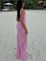 Knitted Ruched Maxi Dress - Sleeveless Summer Beachwear-2