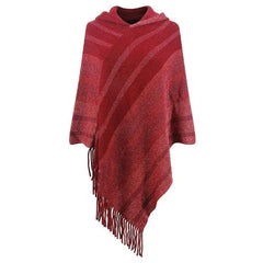 Knitted Tassel Shawl Cape Women-Red-4