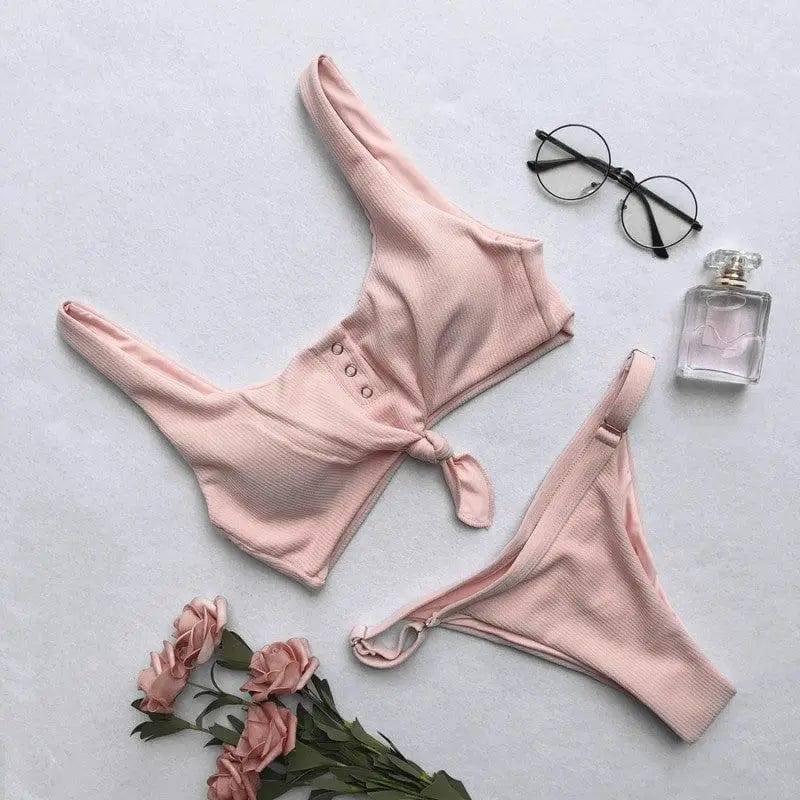 Knotted bikini on chest-Pink-4