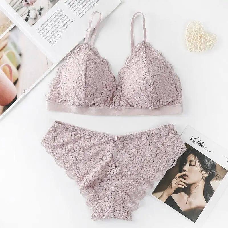Lace Bra And French Lingerie Set-Pink-1