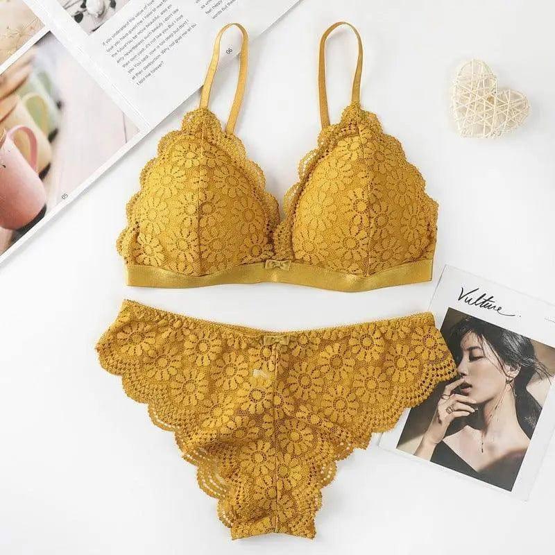 Lace Bra And French Lingerie Set-Yellow-5
