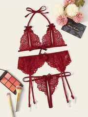 Lace Butterfly Bra Panty Garter Belt Bikini Three-piece Set-Red-1