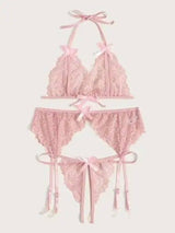 Lace Butterfly Bra Panty Garter Belt Bikini Three-piece Set-Pink-3