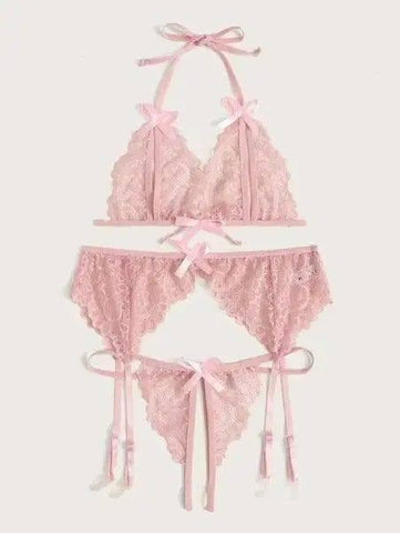 Lace Butterfly Bra Panty Garter Belt Bikini Three-piece Set-Pink-3