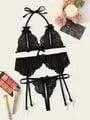 Lace Butterfly Bra Panty Garter Belt Bikini Three-piece Set-Black-4