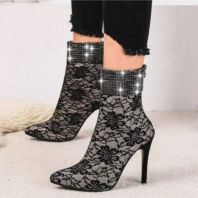 Lace mesh fine-heeled medium boots women-3