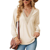 Lace Stitching V-neck T-shirt Loose Long-sleeved Solid Color-Apricot-3