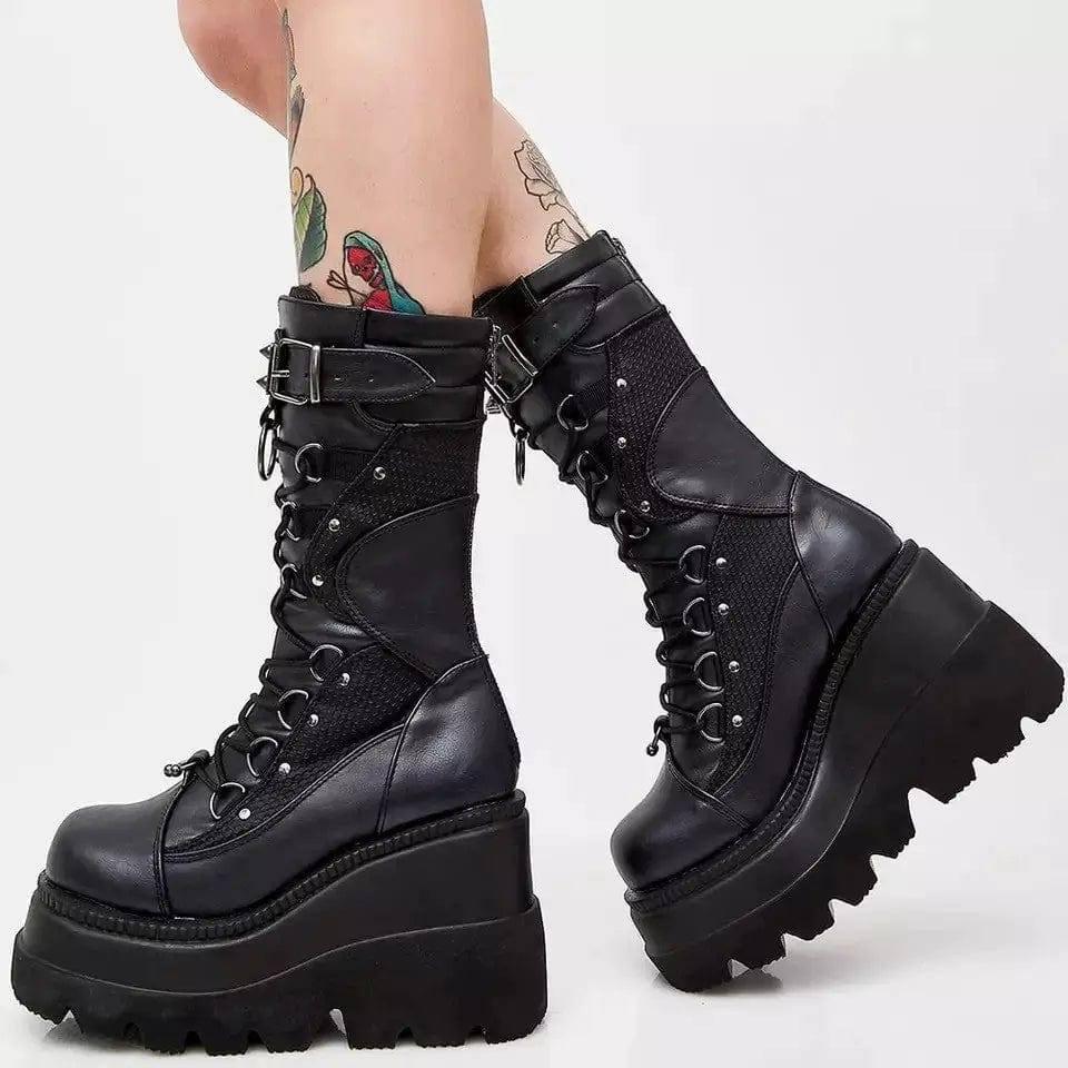 Lace-Up Combat Boot Motorcycle Black Bucke Chunky Boots For-2
