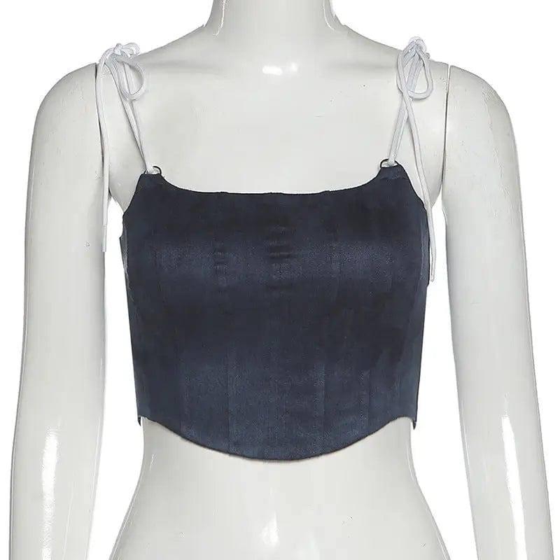 Lace Up Corset Crop Tops Women Plush Sleeveless Backless-Blue-8