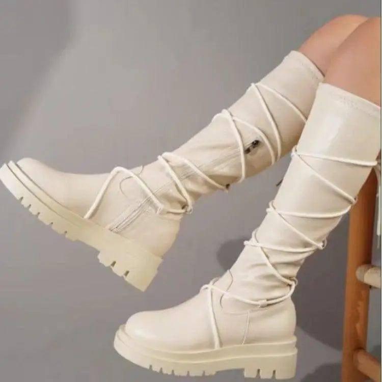 Lace-Up Platform Boots White Long Cowboy Boots Women-White-1