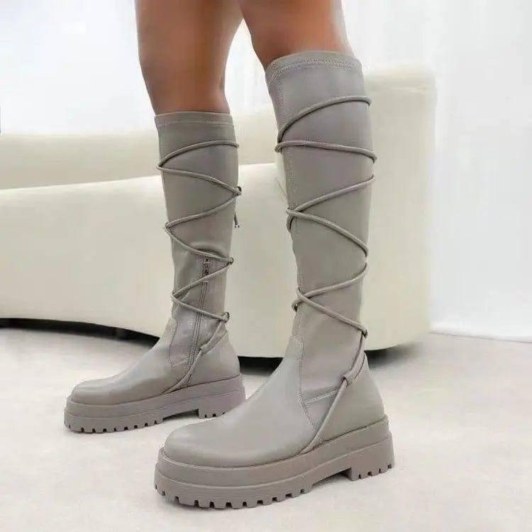 Lace-Up Platform Boots White Long Cowboy Boots Women-Grey-3