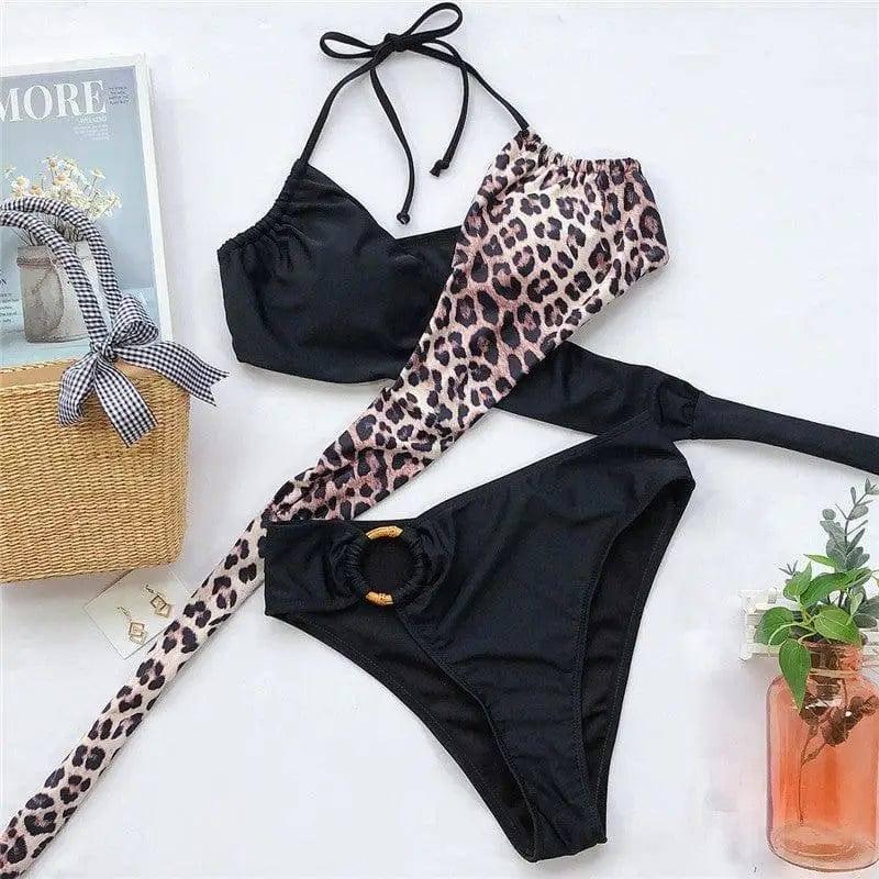 Lace-up split leopard bikini-Black-3