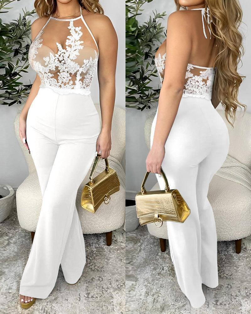 Ladies' Mesh Stitching Tight Jumpsuit-White-2