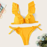 Ladies Split Solid Color Ruffled V-Neck Sexy Bikini Swimsuit-Yellow-2