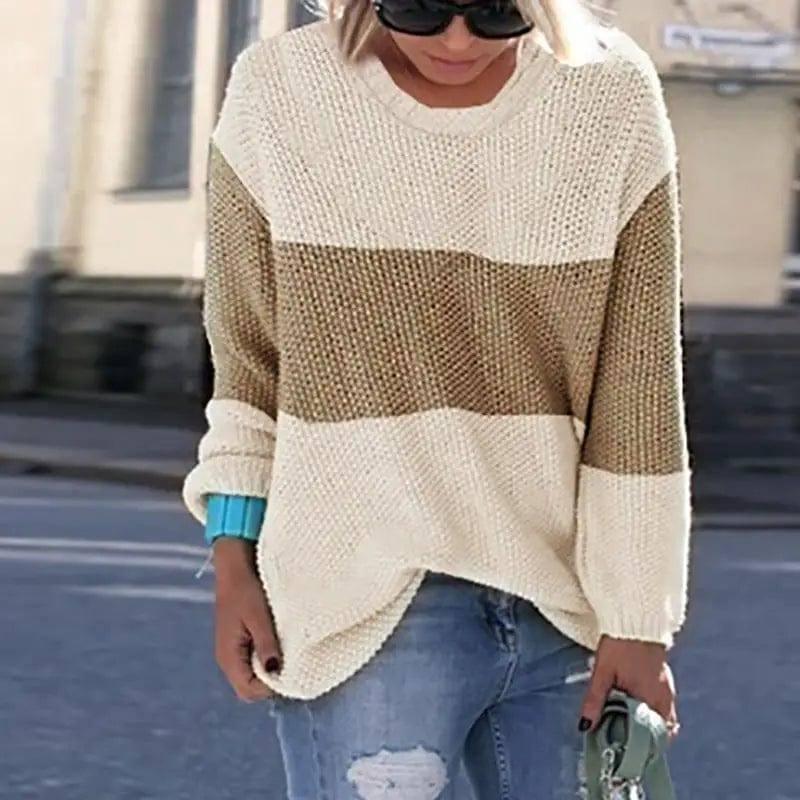 Ladies Sweater Stitching Knitted Sweater-Beige-5