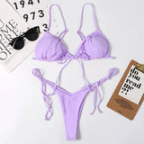 Ladies Swimsuit Solid Color Split Drawstring Sexy Thong-Purple-9