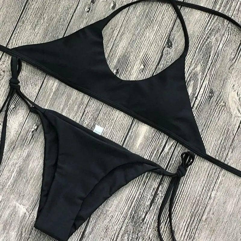 Ladies Swimwear Bikini Solid Color Bikini Set-Black-2
