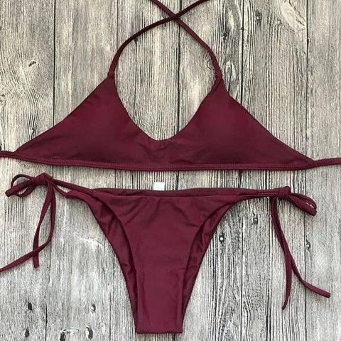 Ladies Swimwear Bikini Solid Color Bikini Set-WineRed-3