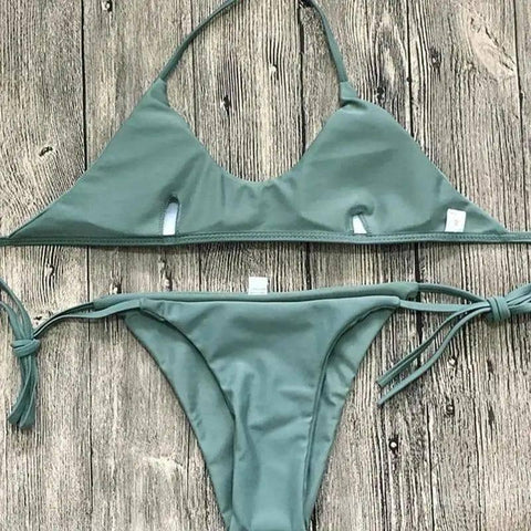 Ladies Swimwear Bikini Solid Color Bikini Set-Green-4