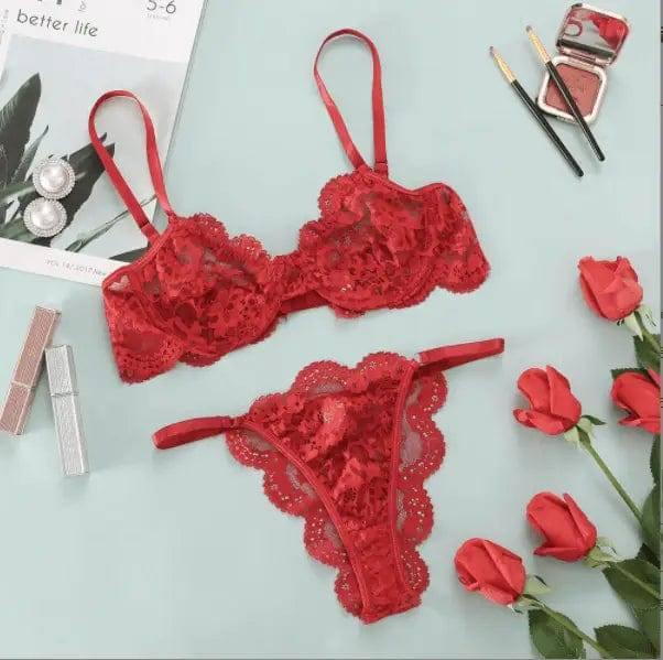 Ladies Underwire Lace Lingerie Suit Fashion-WineRed-13