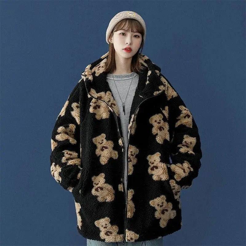 Lamb fur bear cotton coat-Black-3