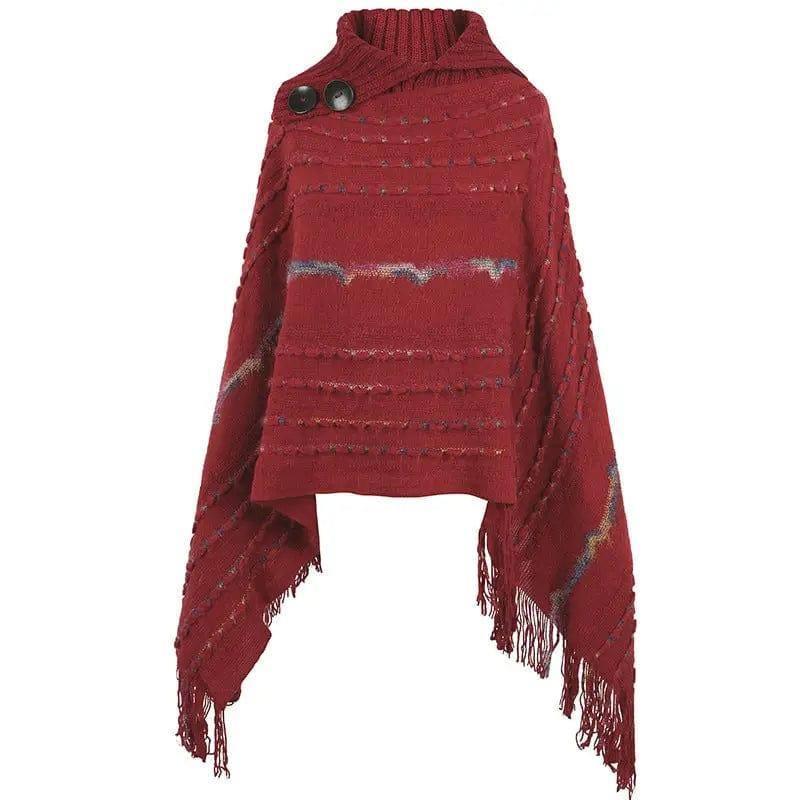 Lapel Button Pullover Shawl Women's Knitted Cape-Red-4