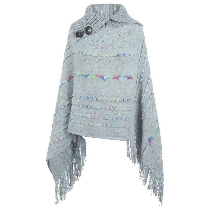 Lapel Button Pullover Shawl Women's Knitted Cape-Gray-5