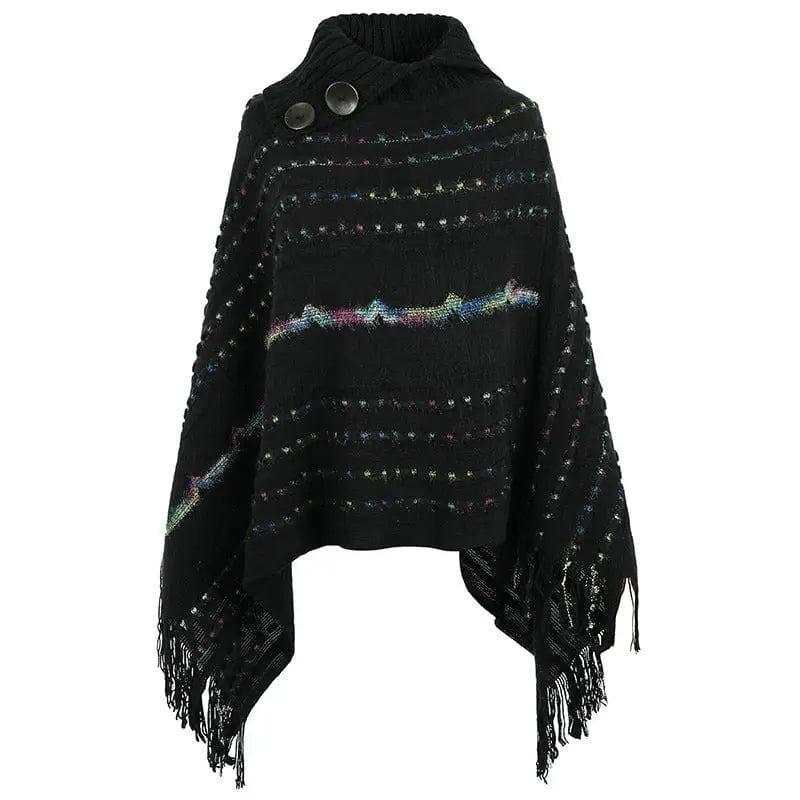 Lapel Button Pullover Shawl Women's Knitted Cape-Black-8