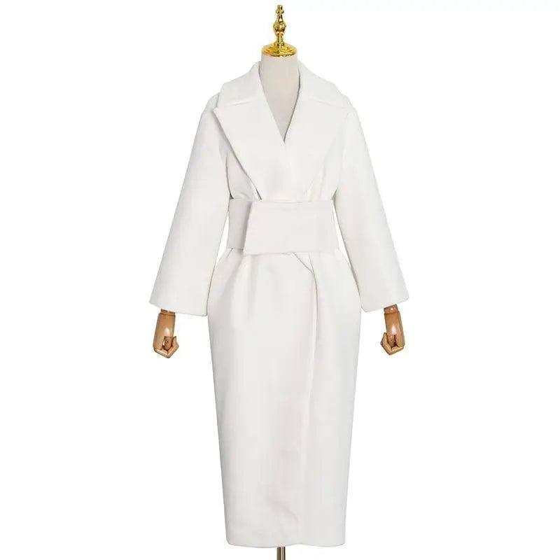 Lapel Waist White Mid-length Woolen Coat-8