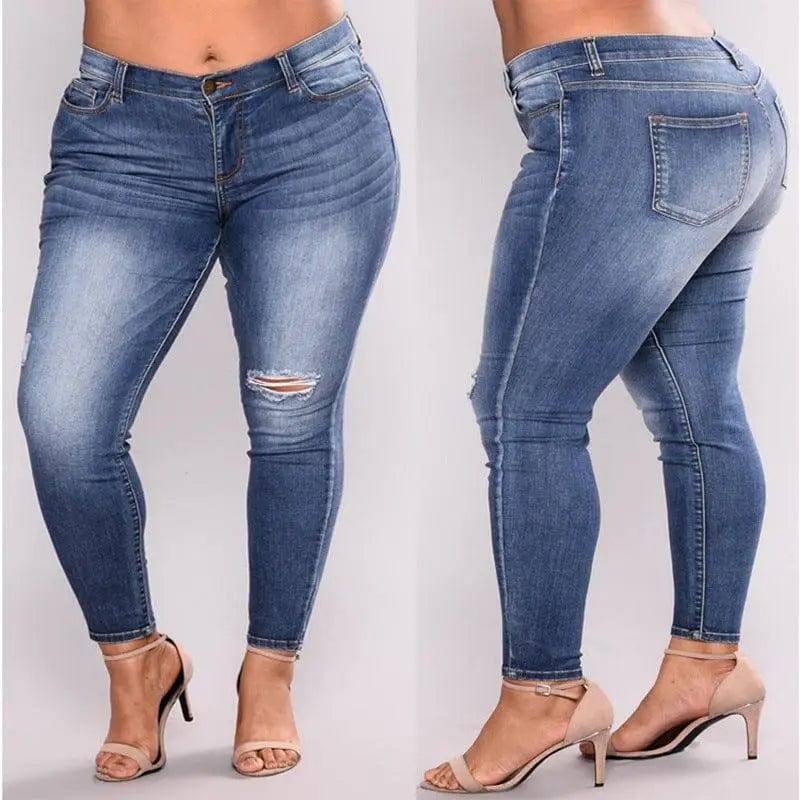 Large size hole high elastic jeans women's feet pants-2