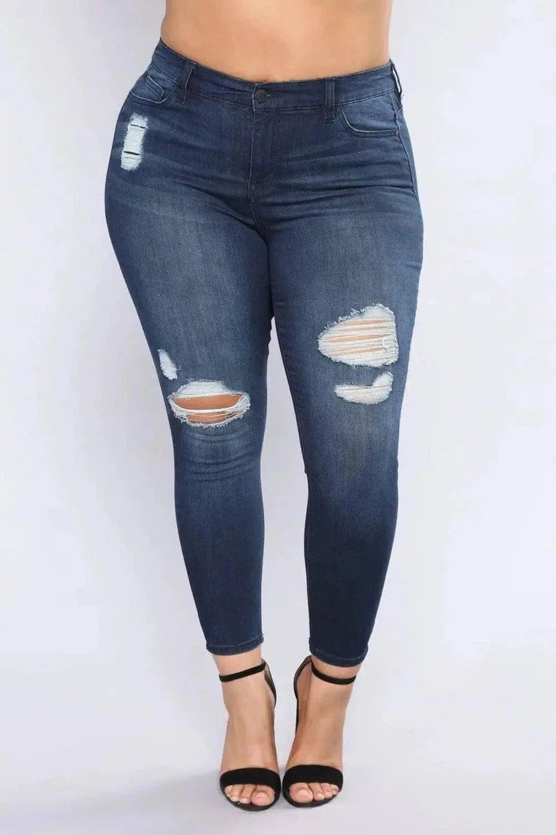 Large size women's hole dark blue big ass jeans women's-9