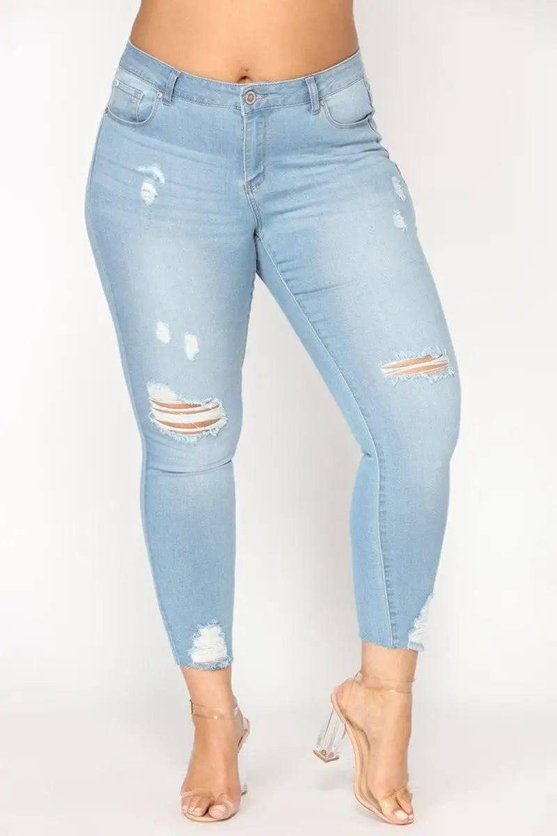 Large size women's hole jeans women's clothing-Lightblue-1